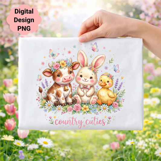 Cow, bunny, and duckling with "country cuties" text, surrounded by flowers and butterflies.