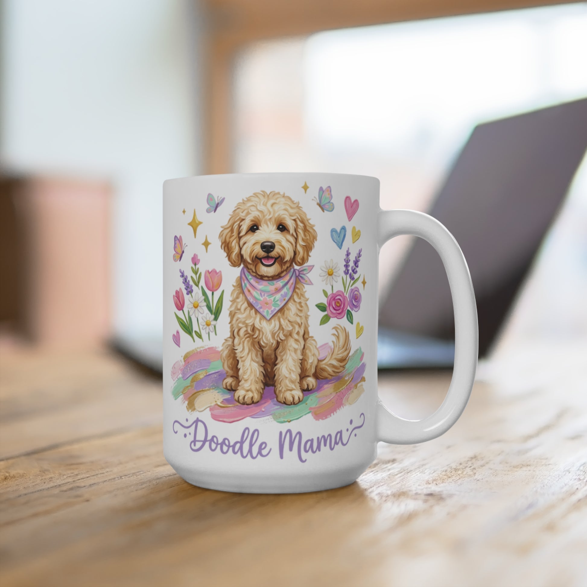 White mug with cartoon doodle dog, flowers, and "Doodle Mama" text.