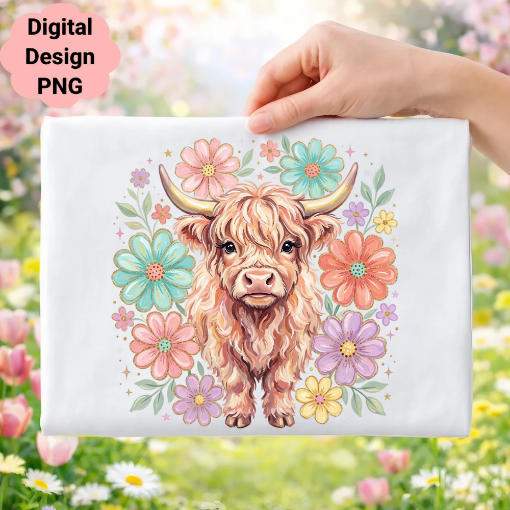 Highland cow surrounded by colorful flowers and stars.