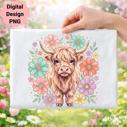 Highland cow surrounded by colorful flowers and stars.