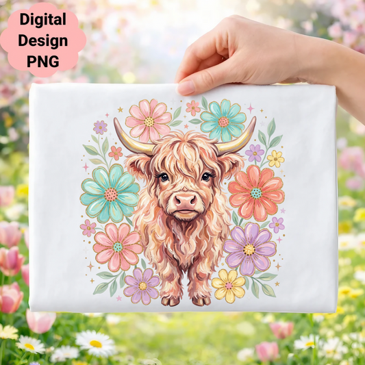 Highland cow surrounded by colorful flowers and stars.