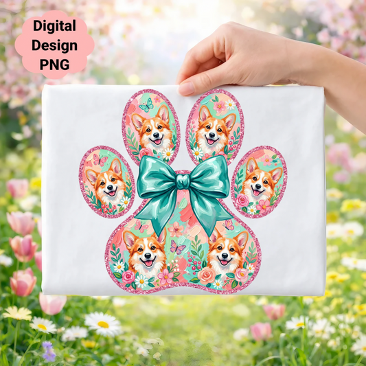 Paw print with corgi faces, flowers, and a teal bow, set against a blurred floral background.