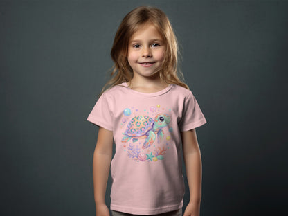 Pink t-shirt with a cartoon sea turtle, bubbles, and starfish graphic.