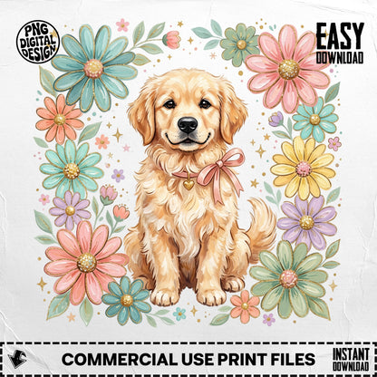 Golden retriever puppy wearing a pink bow, surrounded by pastel flowers.