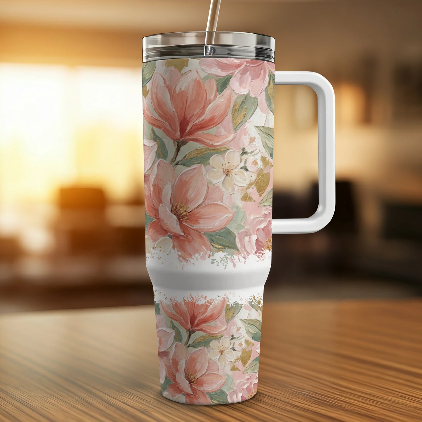 White tumbler with a pink floral watercolor design and a handle.
