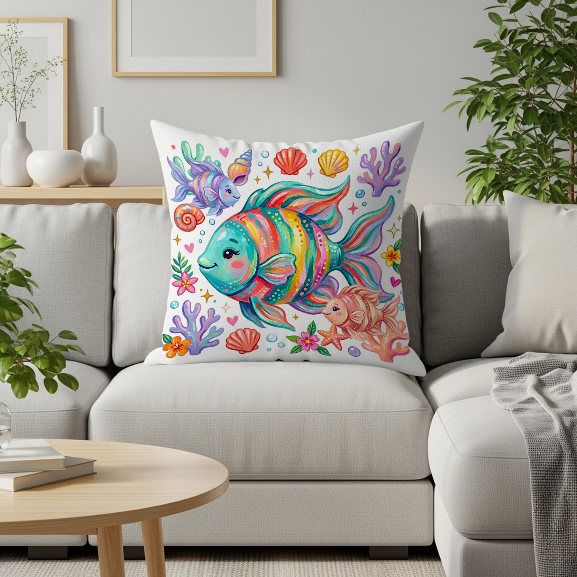 Colorful illustrated fish, coral, and seashells on a throw pillow on a couch.