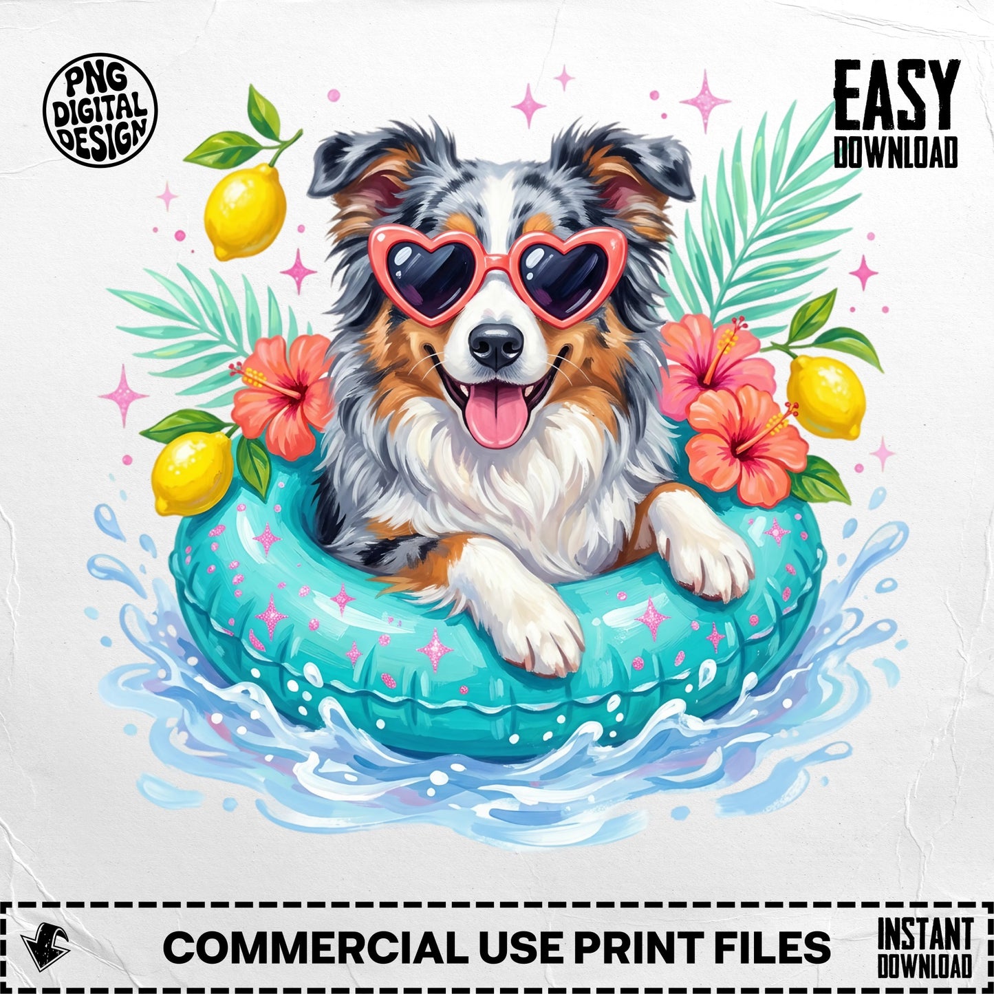 Australian Shepherd dog wearing heart sunglasses in an inner tube with lemons and flowers.