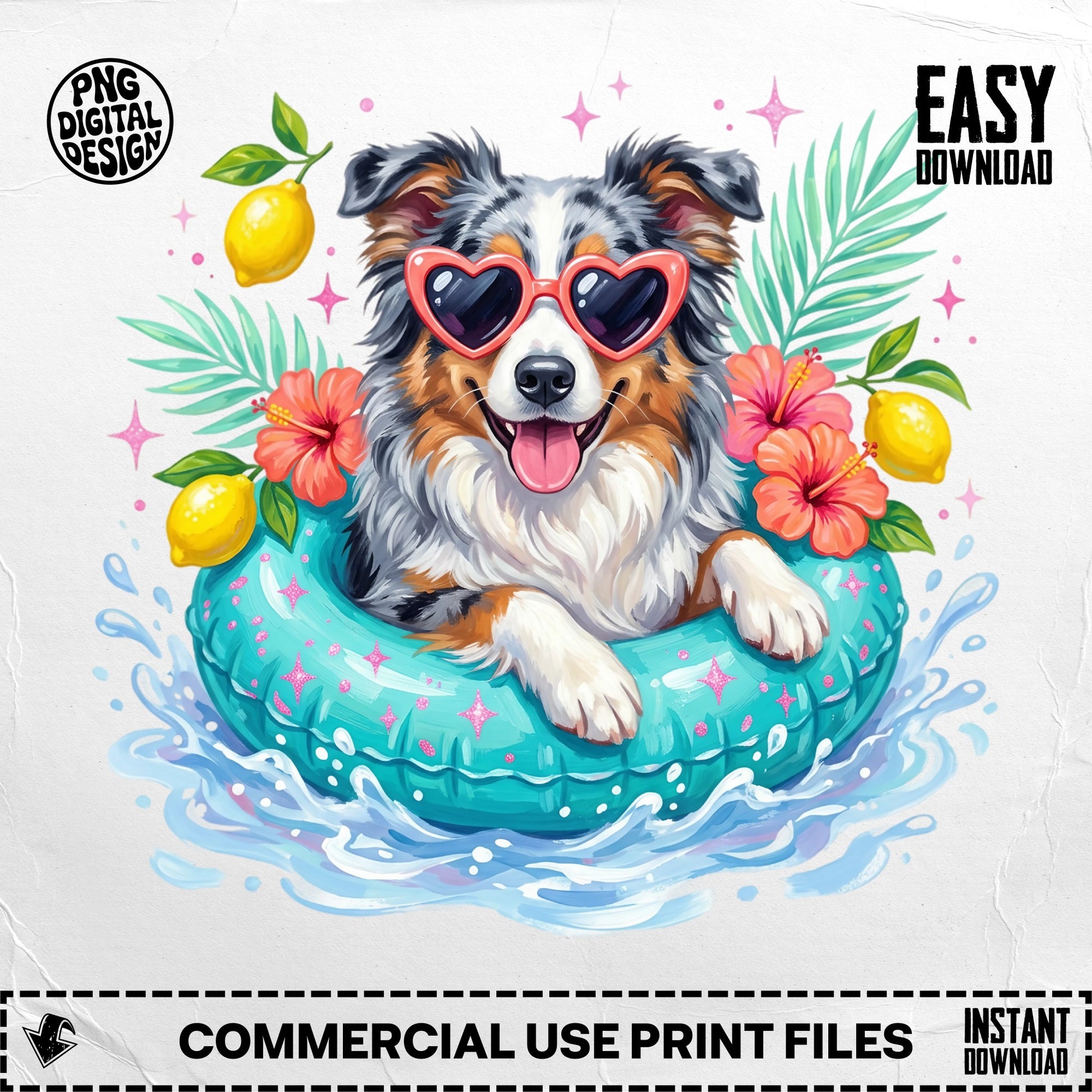 Australian Shepherd dog wearing heart sunglasses in an inner tube with lemons and flowers.