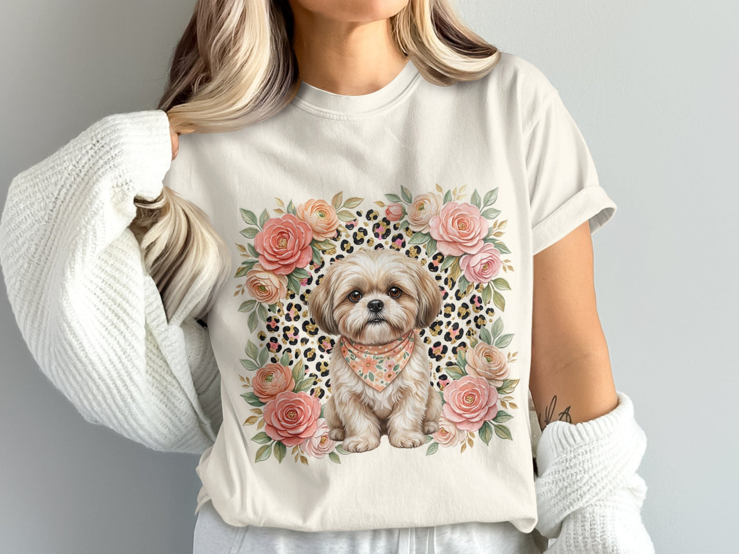 Cream t-shirt with floral and leopard print frame around a shih tzu wearing a bandana.