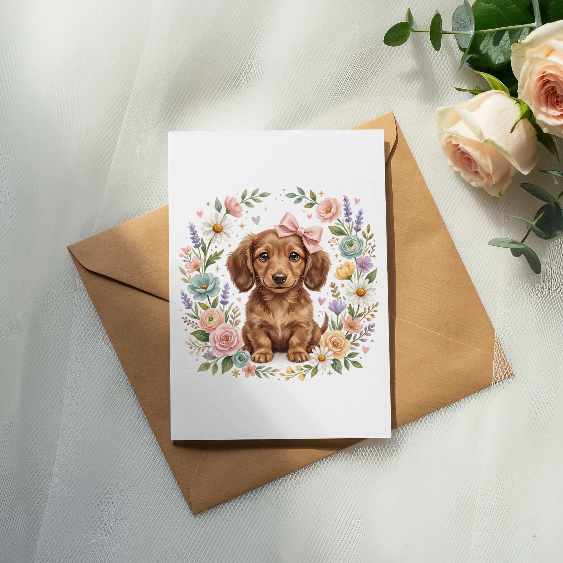 Dachshund puppy with pink bow on card surrounded by floral wreath.