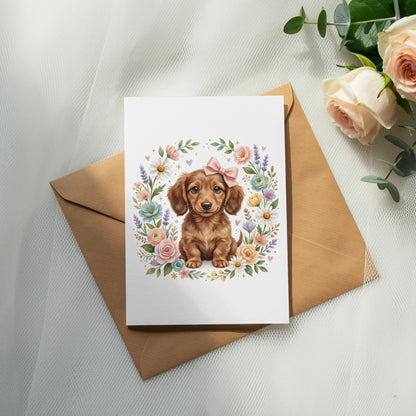 Dachshund puppy with pink bow on card surrounded by floral wreath.