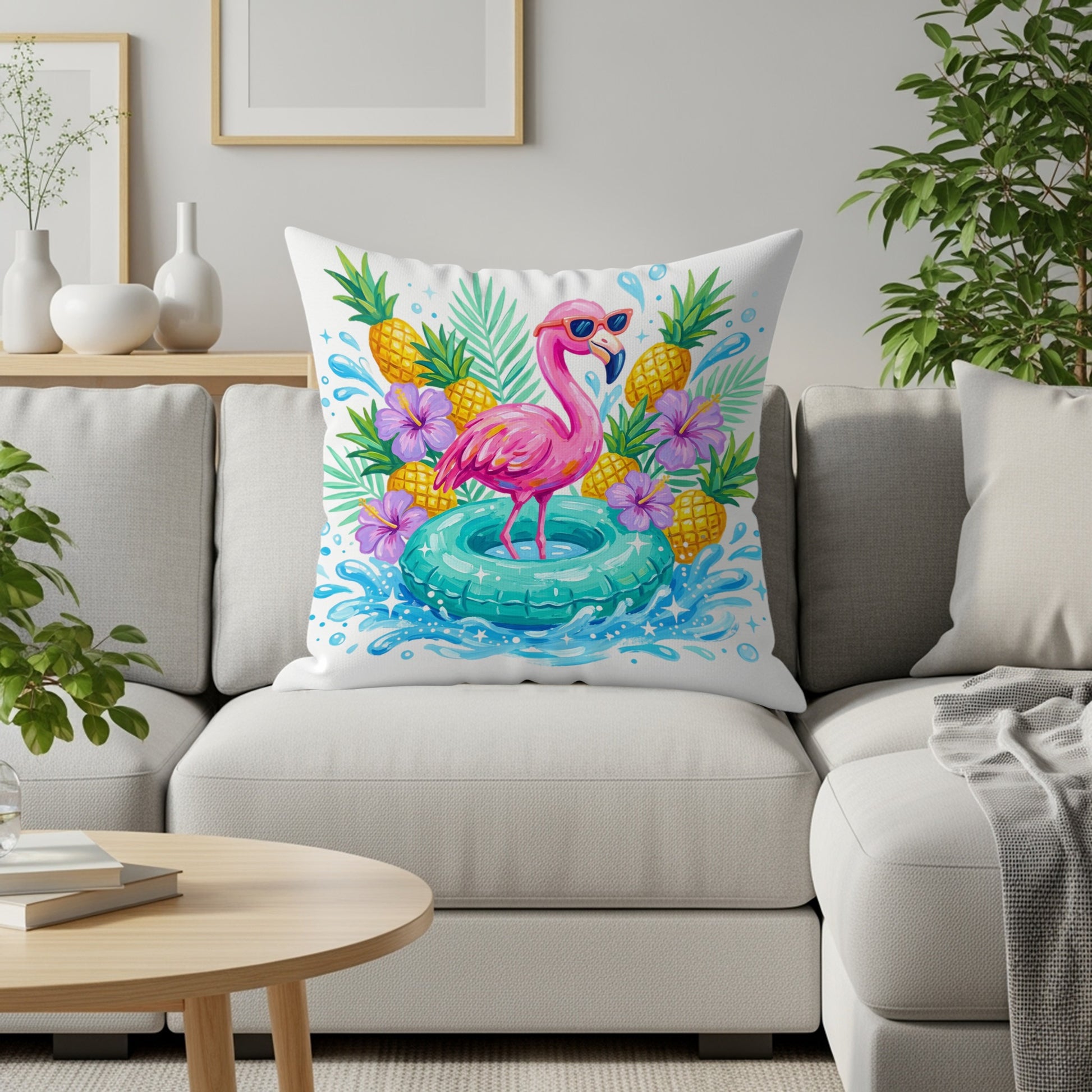 Flamingo on an inflatable ring surrounded by pineapples and flowers.