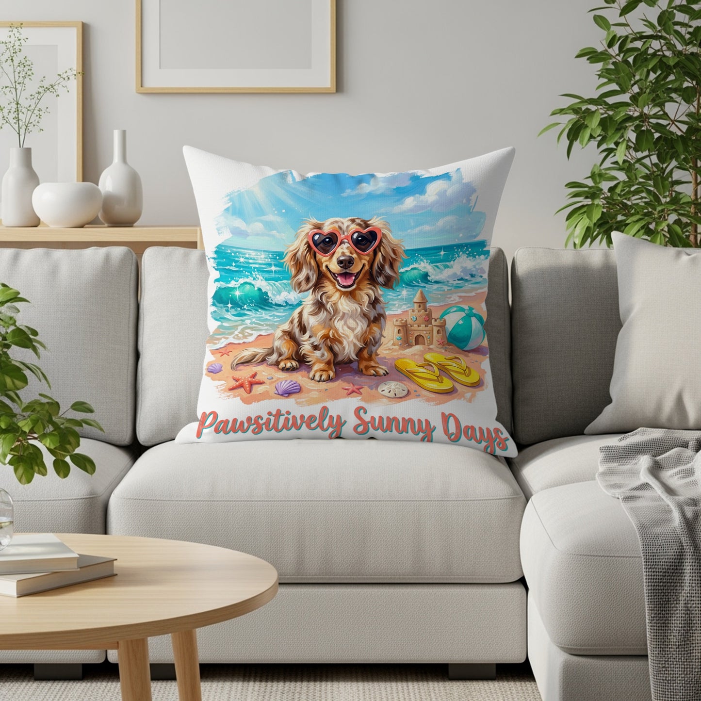 Dachshund wearing heart sunglasses on a beach with a sandcastle.