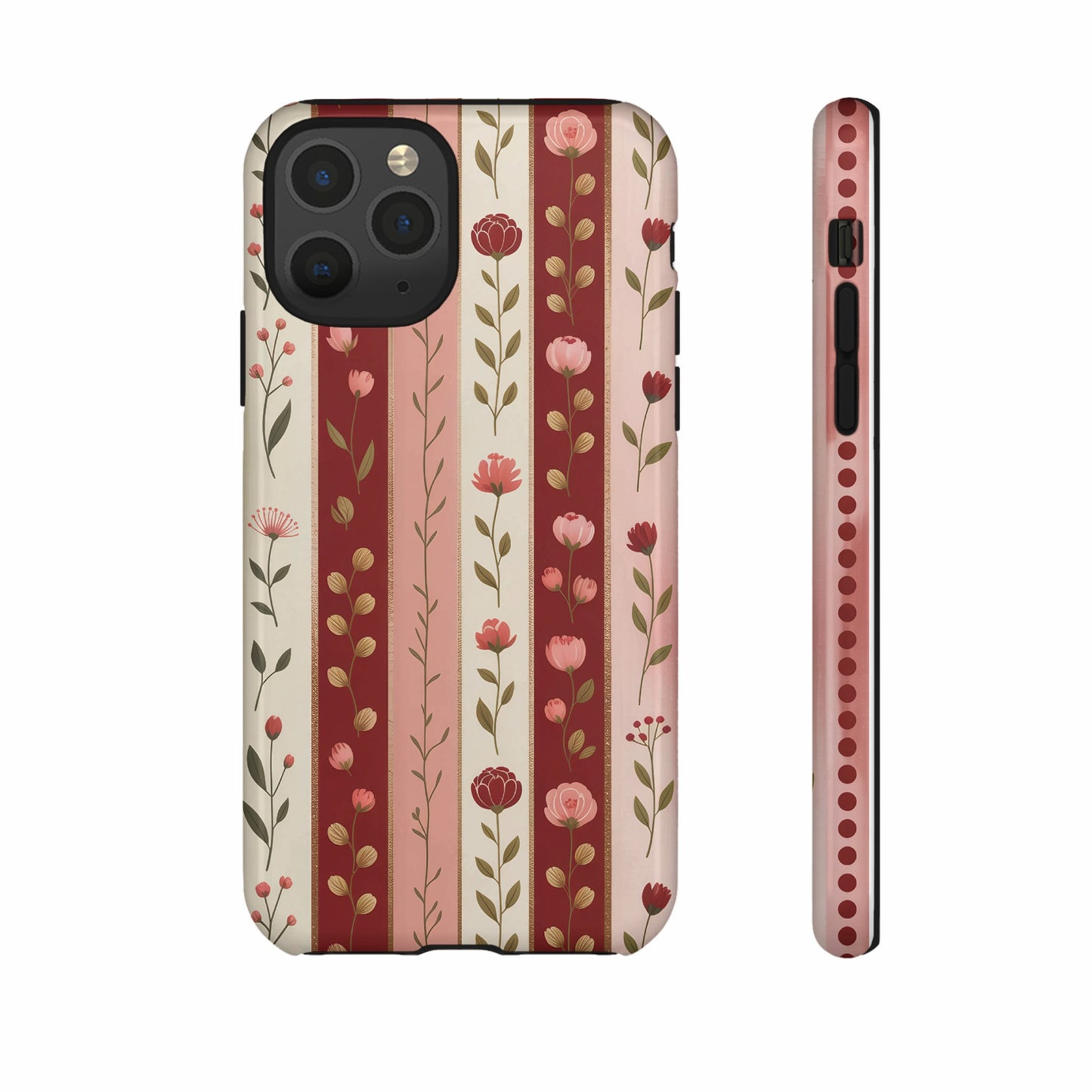 Striped iPhone case with a floral pattern in red, pink, and beige.