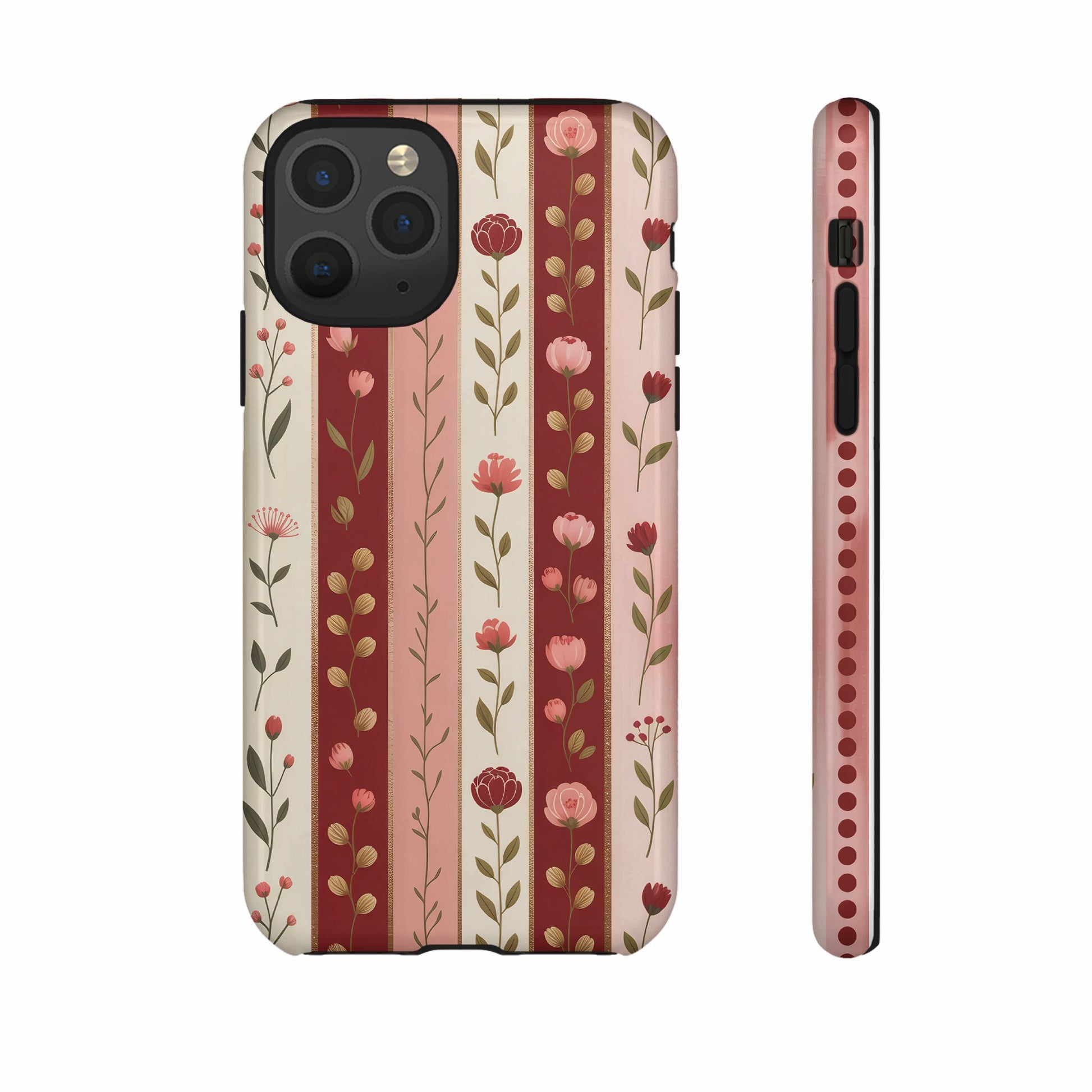 Striped iPhone case with a floral pattern in red, pink, and beige.