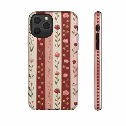 Striped iPhone case with a floral pattern in red, pink, and beige.