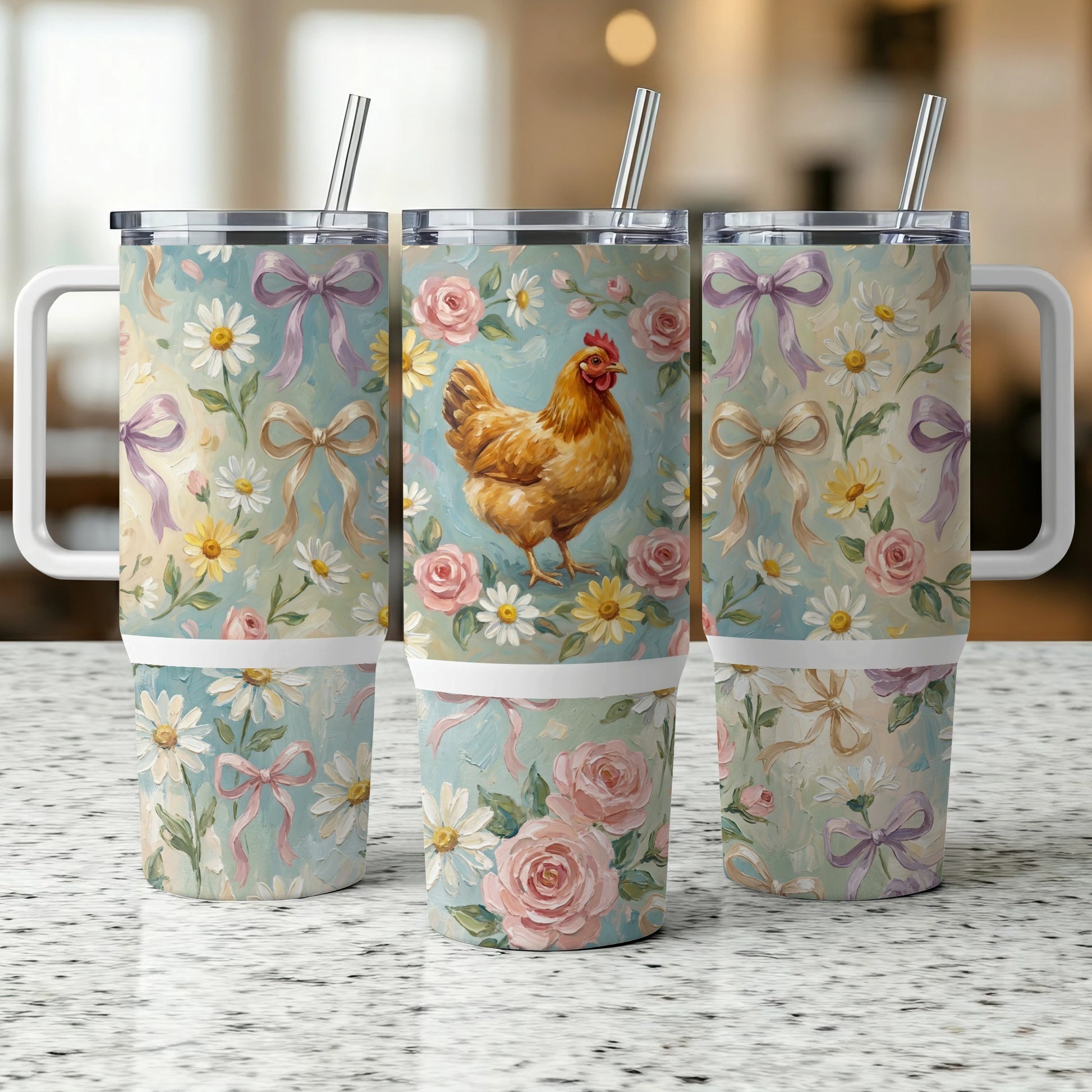 Chicken and floral pattern on three travel tumblers with handles.