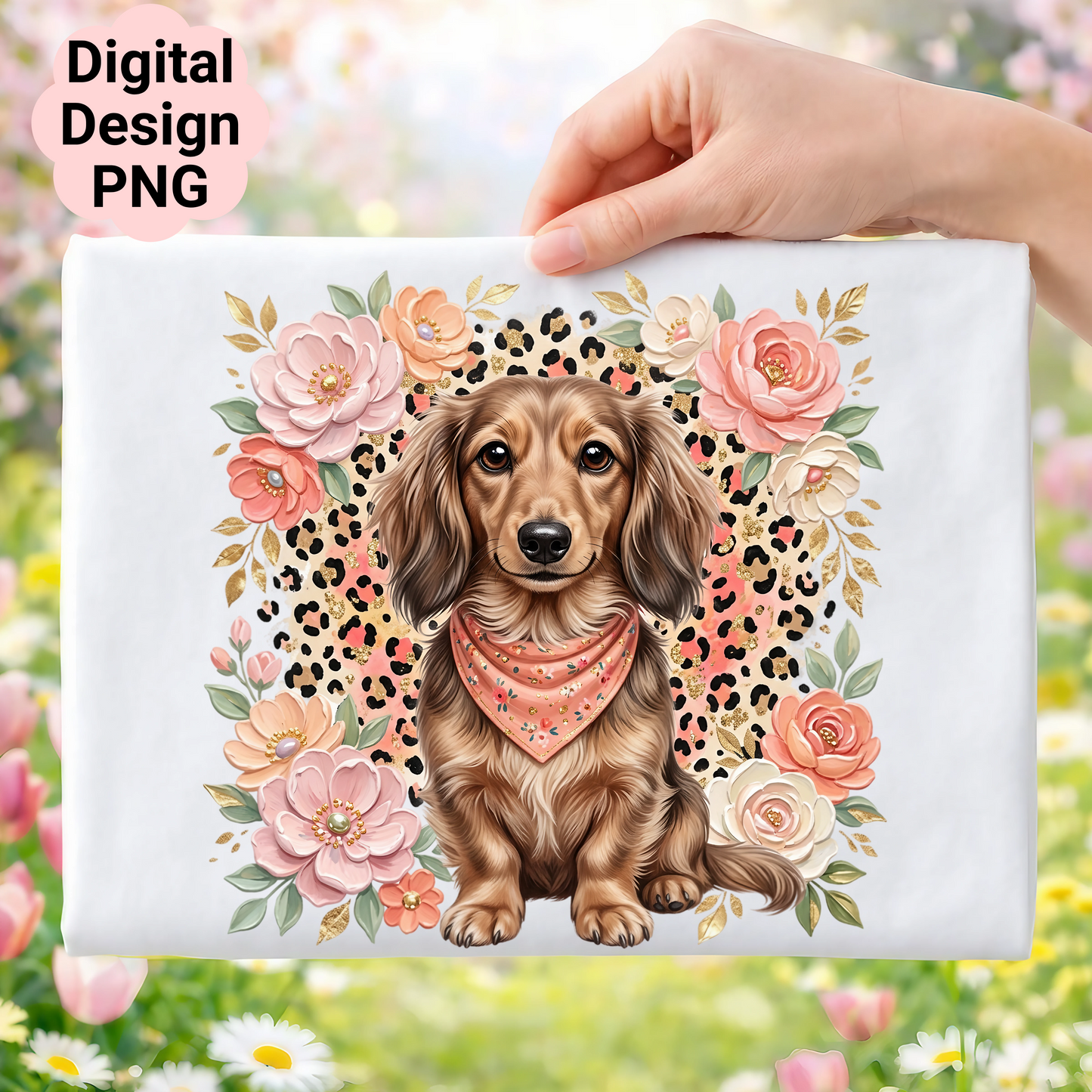 Dachshund wearing bandana in floral frame with leopard print background.