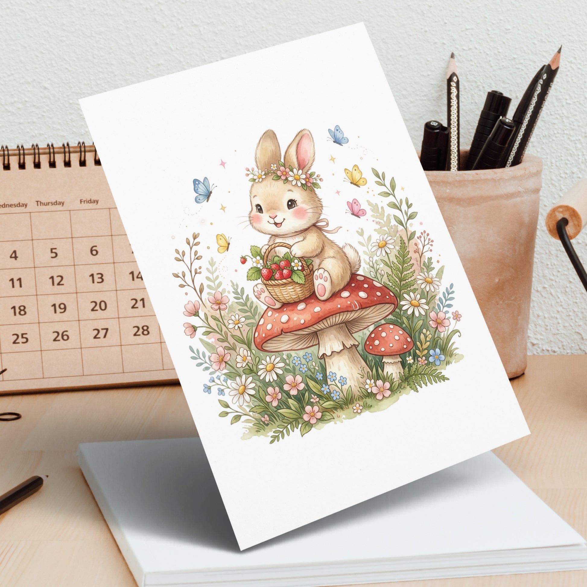 Watercolor illustration of a bunny on a mushroom with flowers and butterflies.