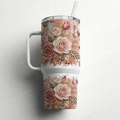 Tumbler with floral and leopard print design.
