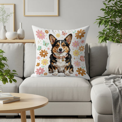 Corgi on a floral pillow with butterflies, set on a couch.