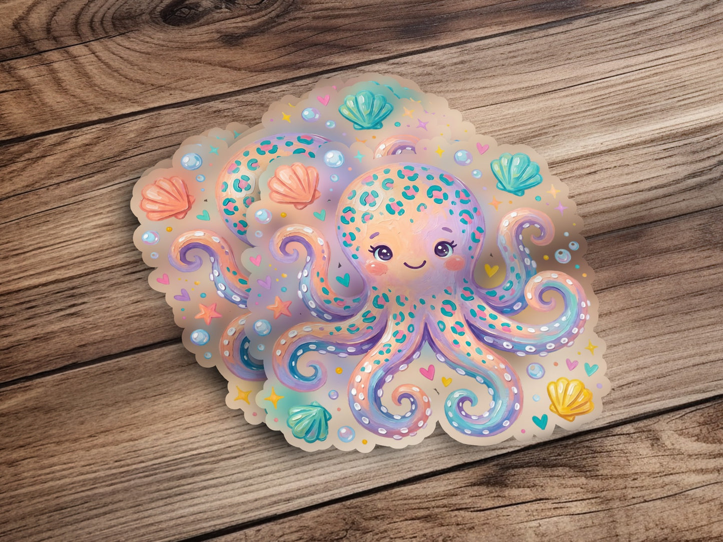 Cute cartoon octopus with colorful spots and shells, on a wooden background.