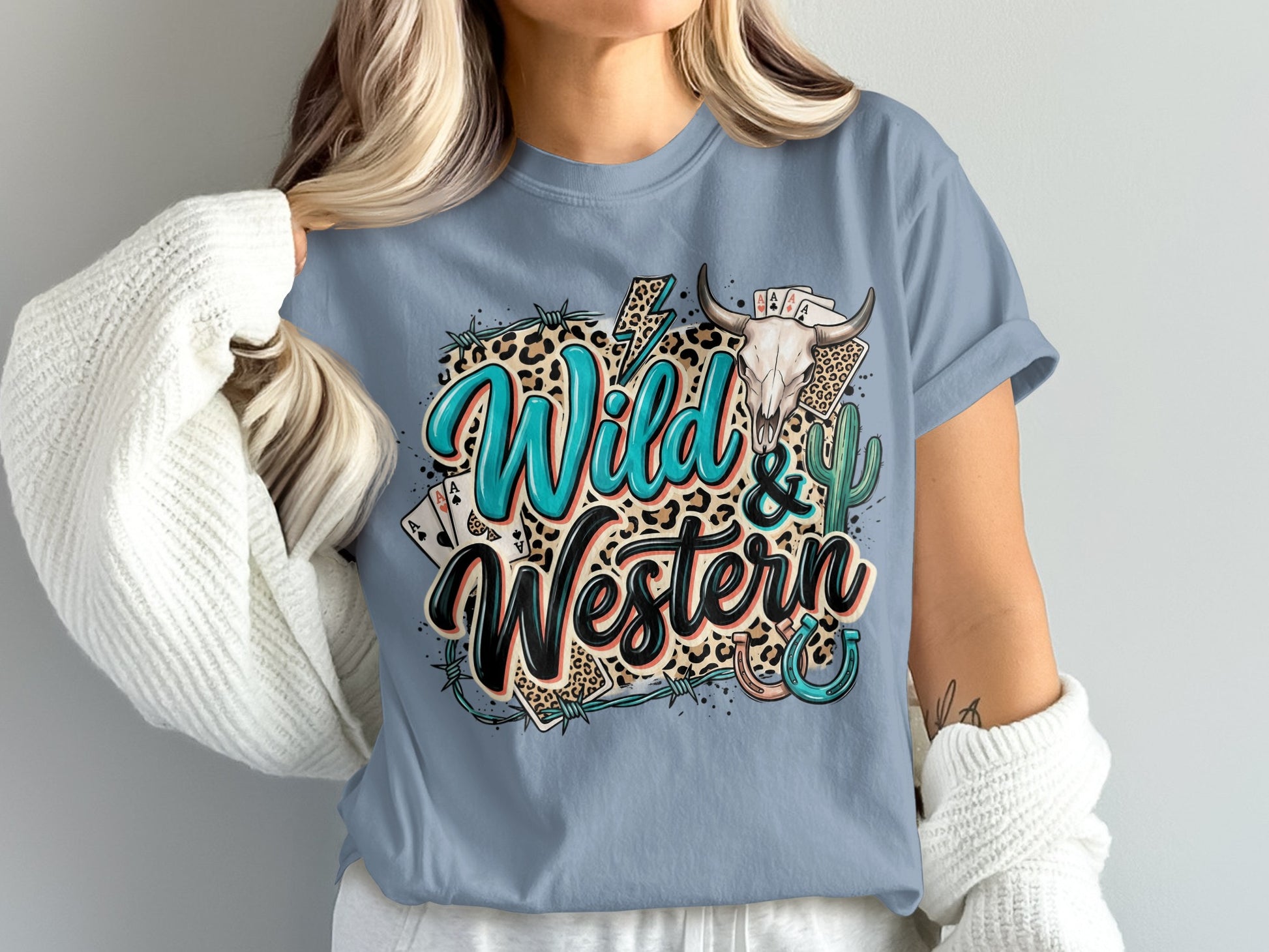 Wild & Western t-shirt with skull, cards, horseshoe, and lightning.