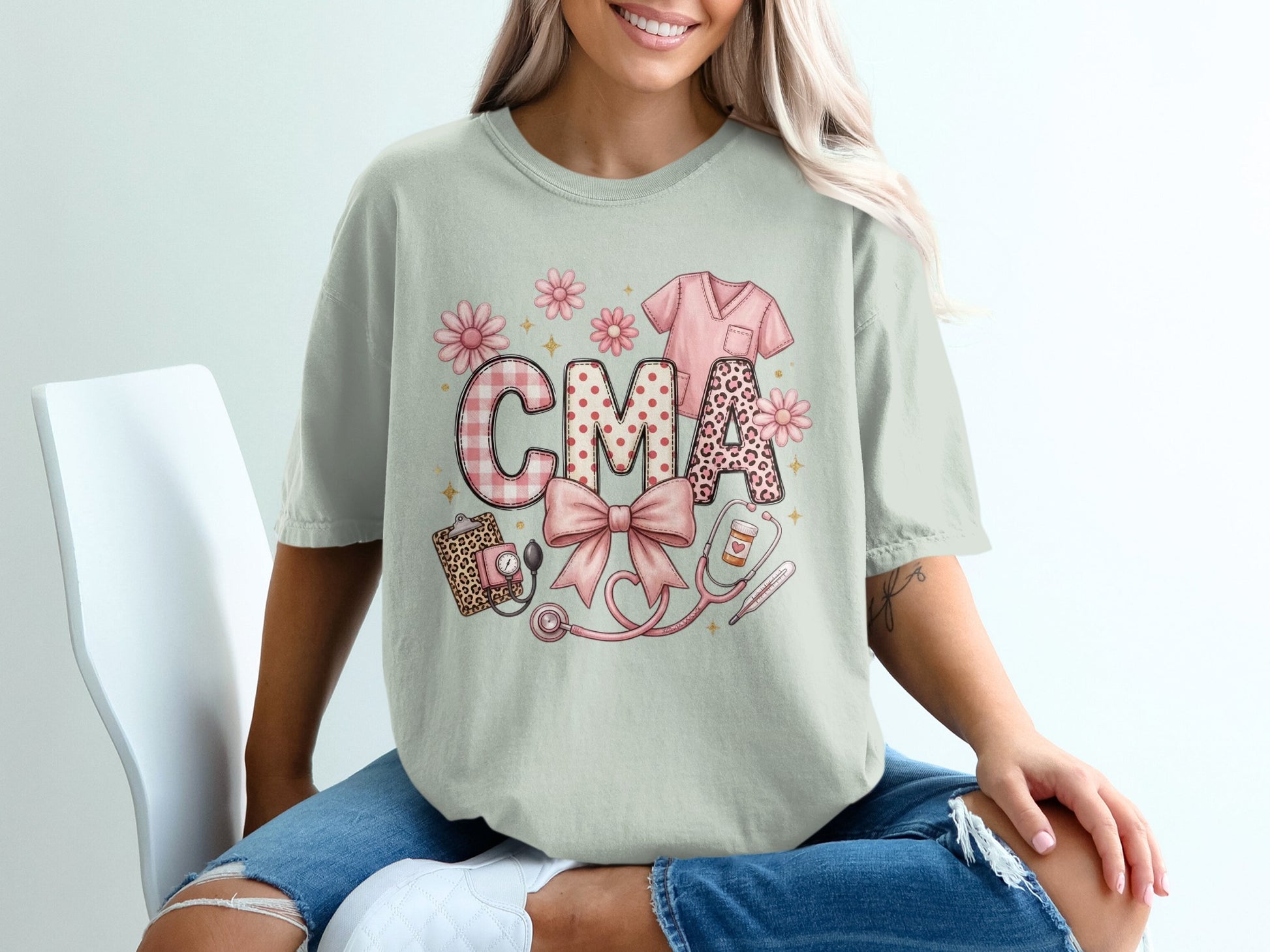 CMA design with stethoscope, scrubs, and leopard print letters.