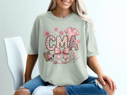 CMA design with stethoscope, scrubs, and leopard print letters.