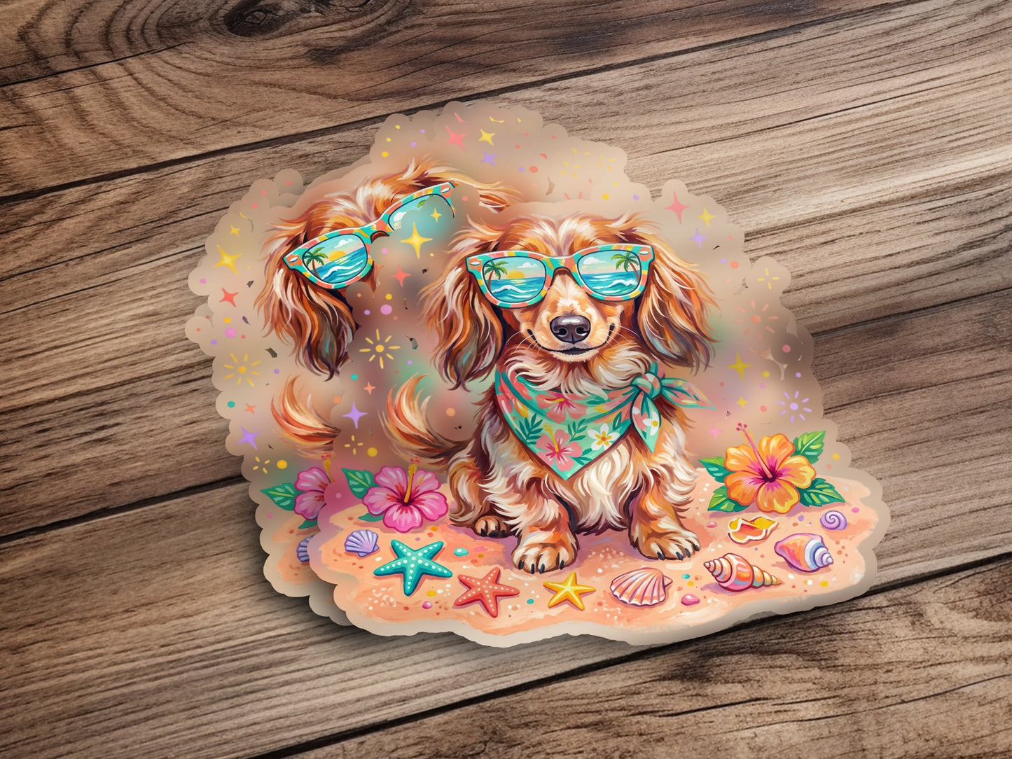 Dachshund with sunglasses and bandana on a beach.