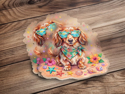 Dachshund with sunglasses and bandana on a beach.
