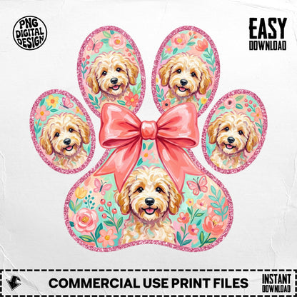 Paw print design with doodles, floral accents, and a pink bow.