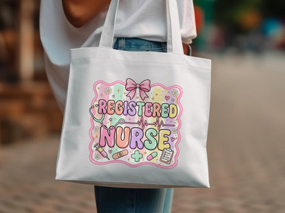 Registered Nurse text with stethoscope, heart, and medical icons.