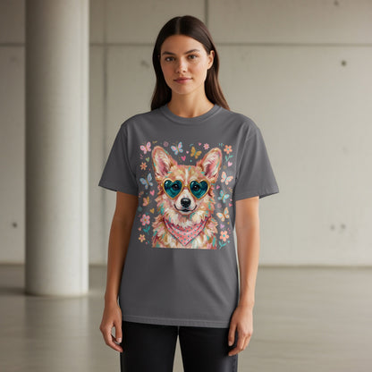 Corgi wearing heart sunglasses and bandana with butterflies on dark gray t-shirt.