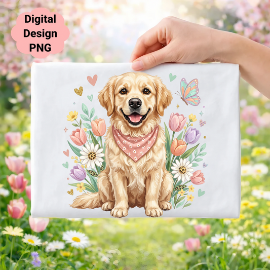 Golden retriever dog wearing a bandana, surrounded by flowers and butterflies.
