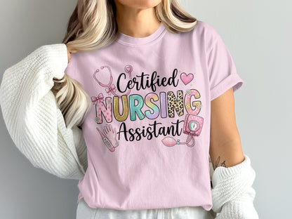 Pink t-shirt with "Certified Nursing Assistant" text and medical icons.
