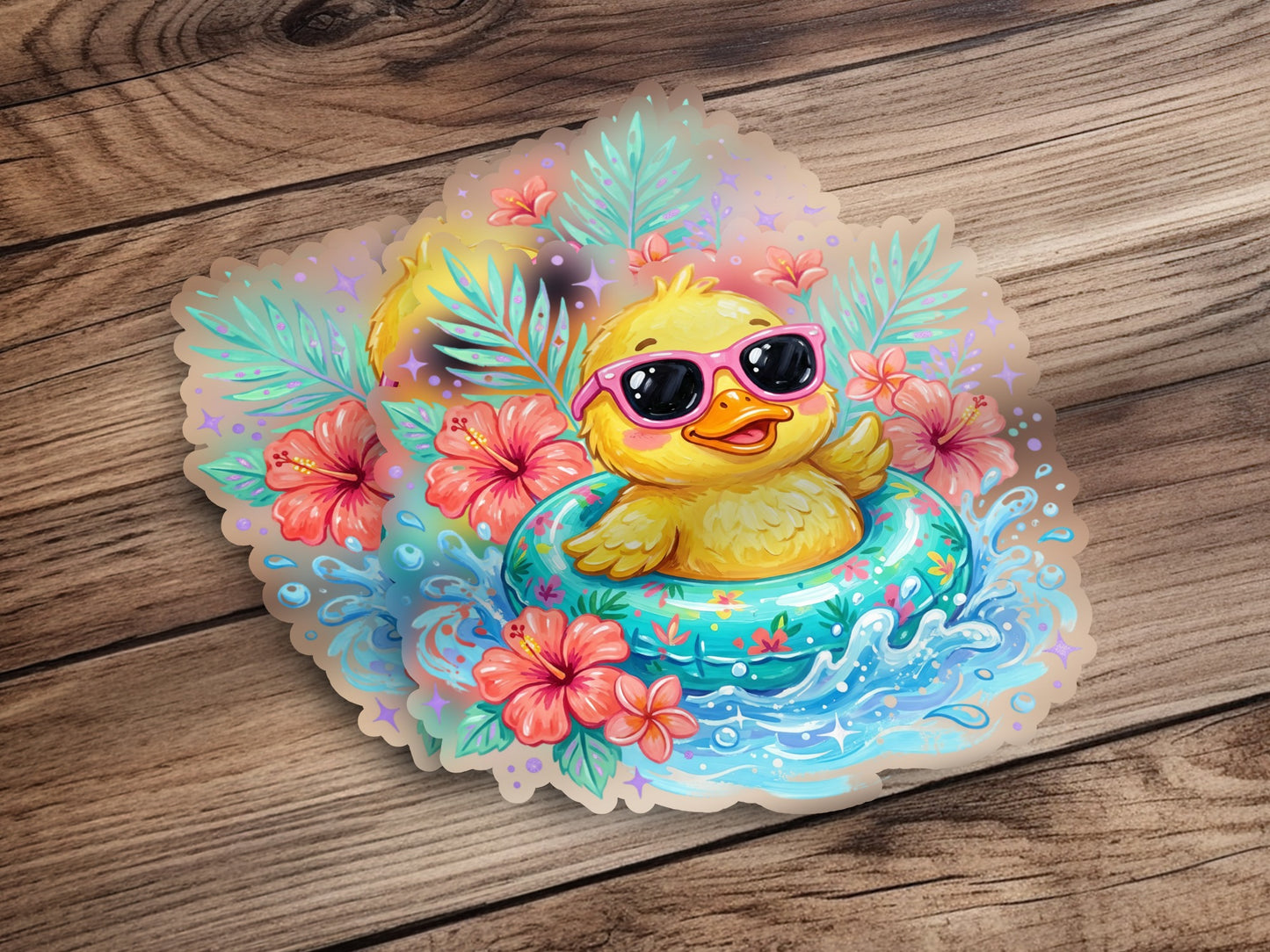 Yellow duck in inner tube with sunglasses, surrounded by water and flowers.