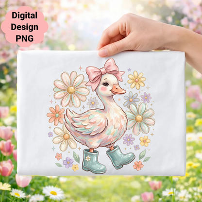 Cute duckling with pink bow and green boots surrounded by flowers.