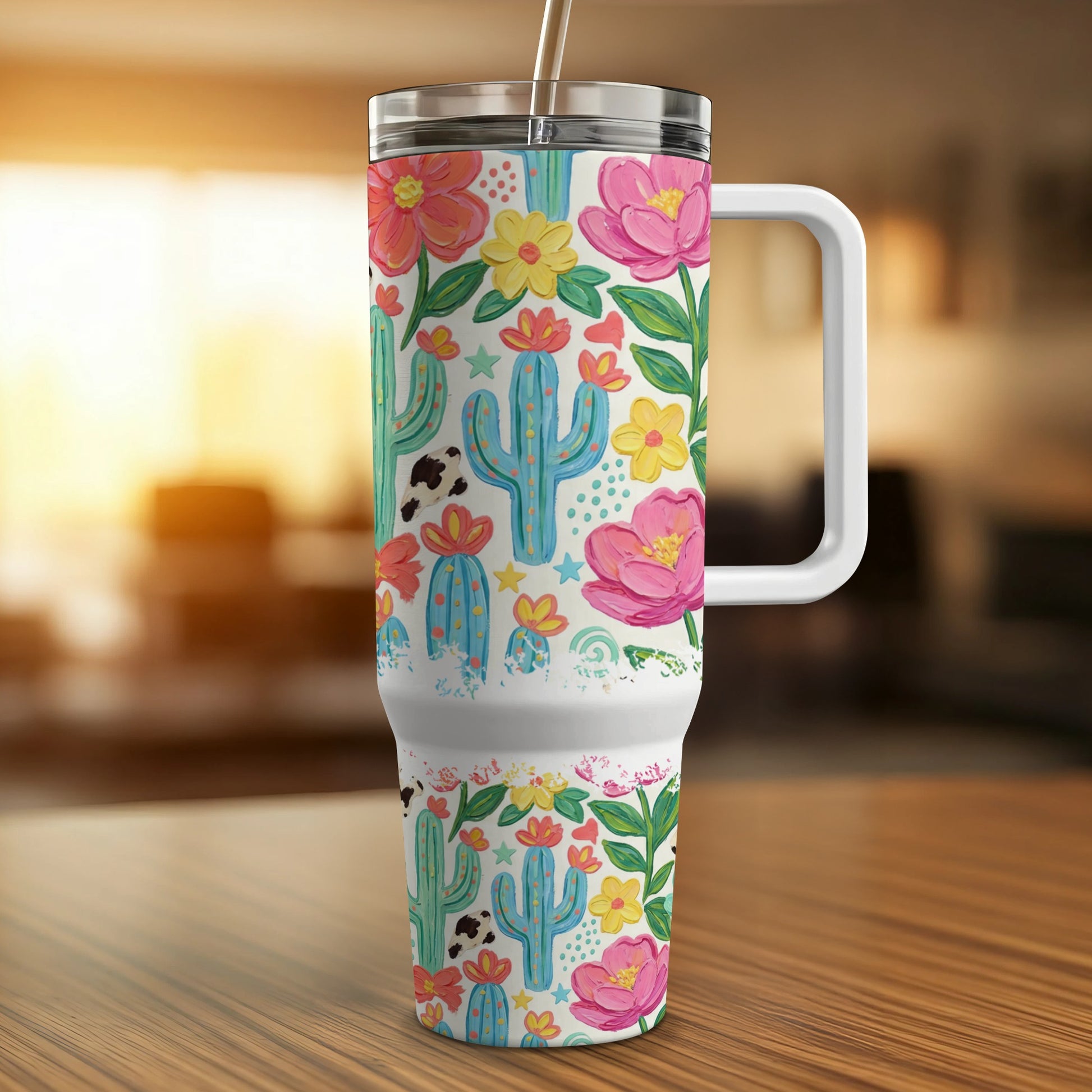 Tumbler with cactus, cow print, and floral pattern.