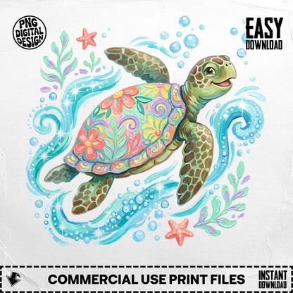 Colorful sea turtle with floral pattern surrounded by bubbles and stars.