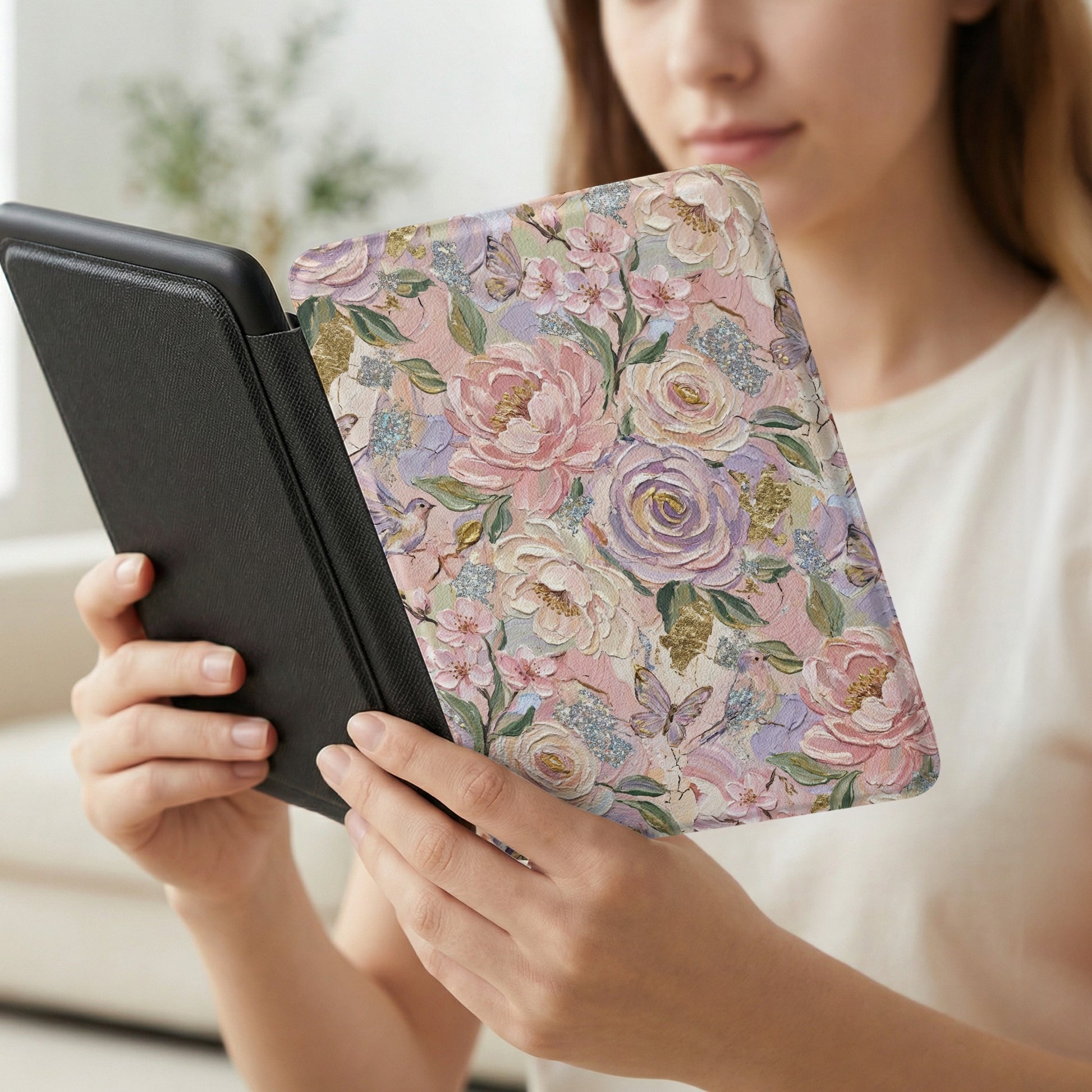 Floral e-reader cover with pink and purple roses and butterflies.