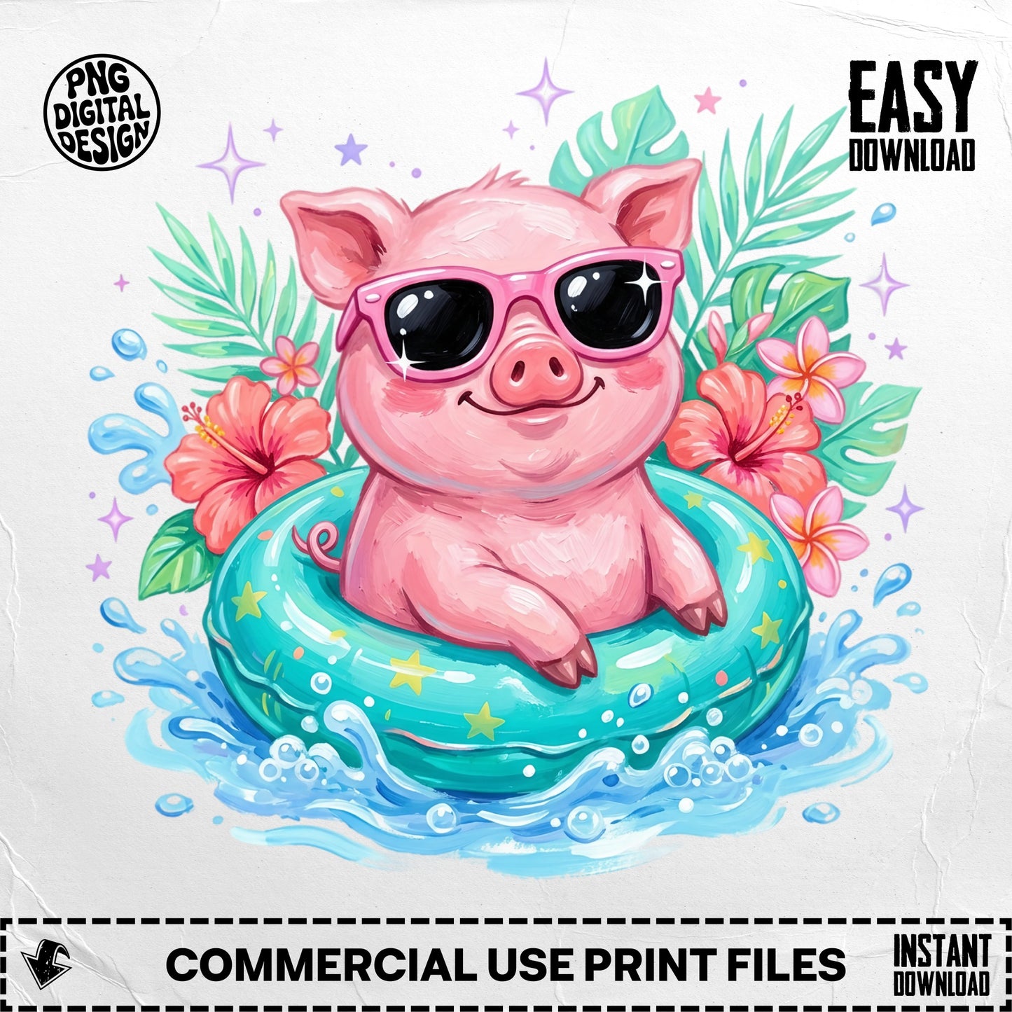 Pink pig in sunglasses floats in a teal inner tube with hibiscus flowers and leaves.