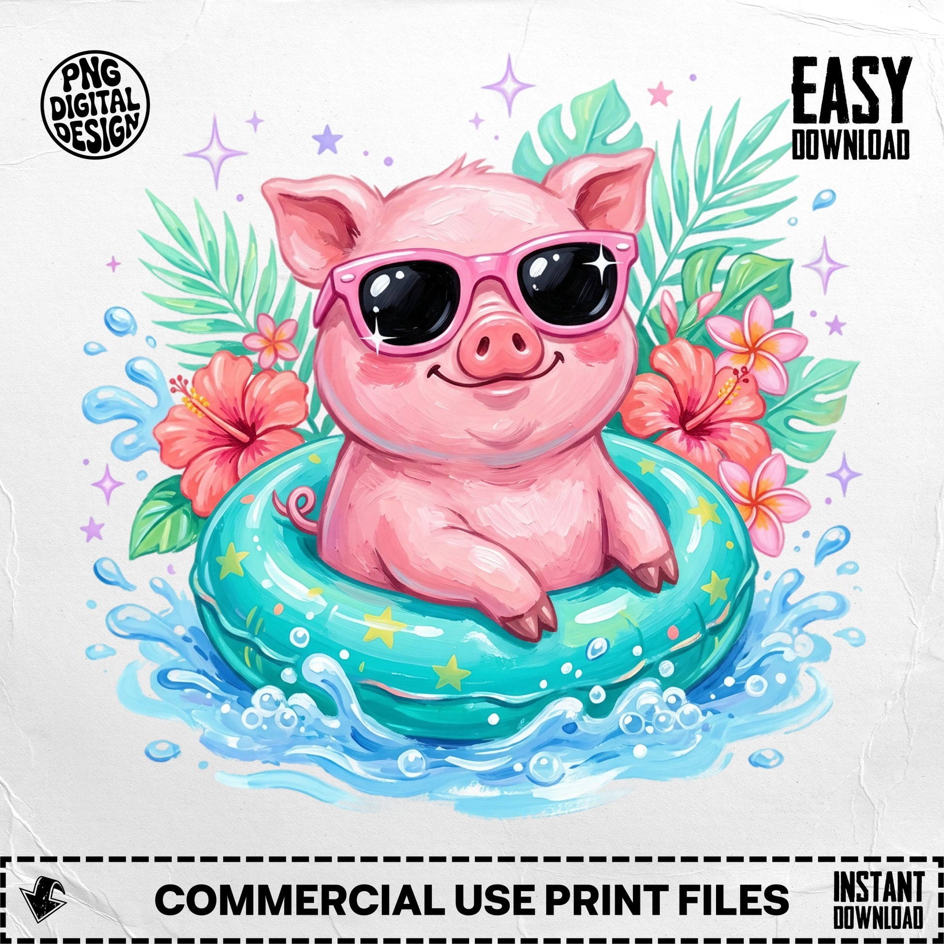 Pink pig in sunglasses floats in a teal inner tube with hibiscus flowers and leaves.