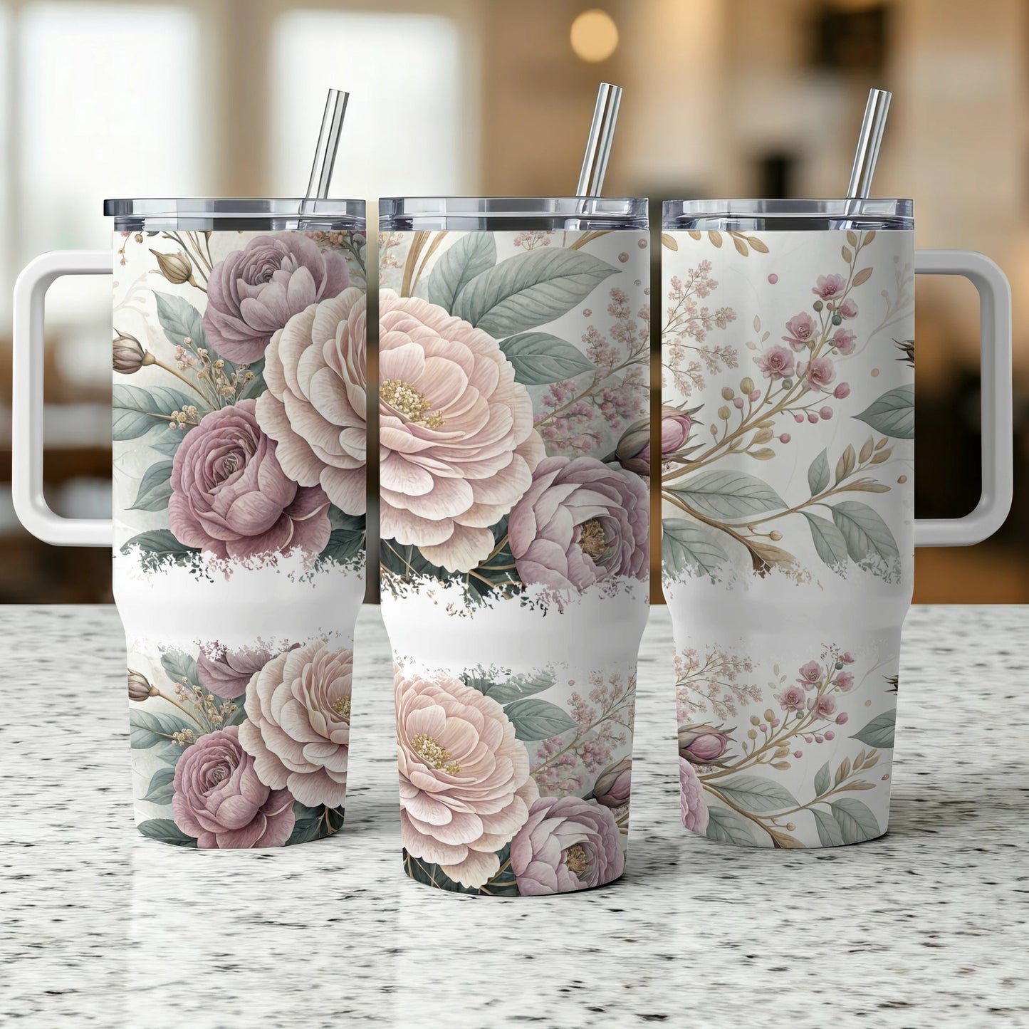Three floral tumblers with straws and handles, featuring pink and cream roses.