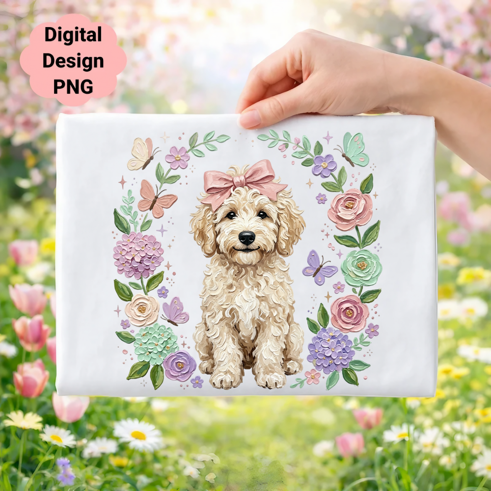 Goldendoodle puppy with flowers, butterflies, and bow in floral wreath.