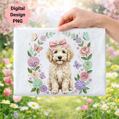 Goldendoodle puppy with flowers, butterflies, and bow in floral wreath.