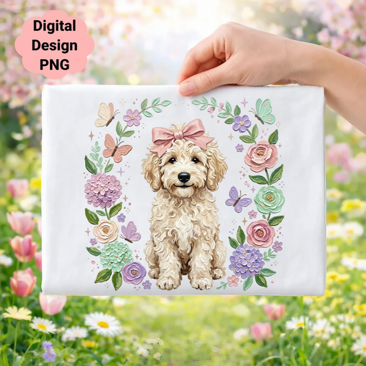 Goldendoodle puppy with flowers, butterflies, and bow in floral wreath.