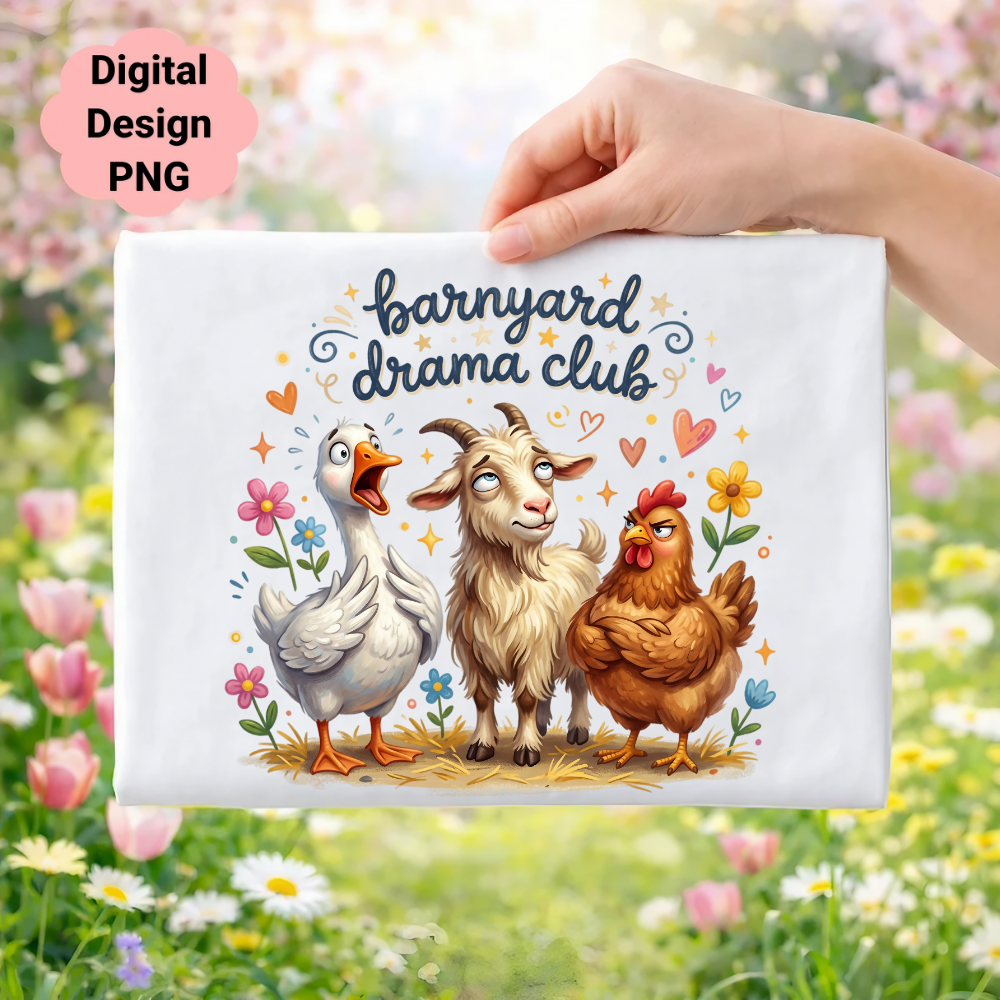 Barnyard Drama Club text with cartoon duck, goat, and chicken.