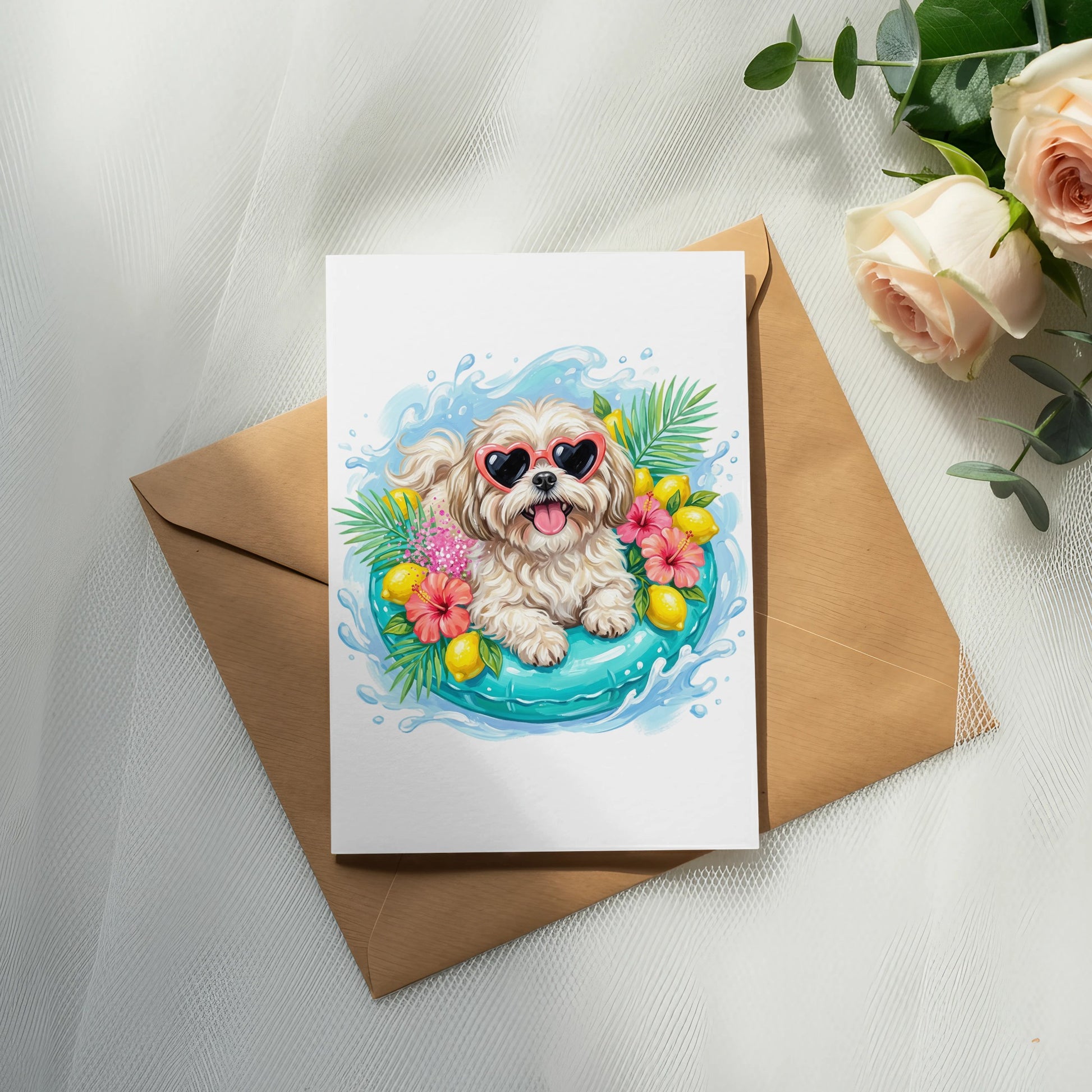 Shih Tzu in a pool float surrounded by flowers and lemons.