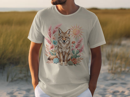 Light gray t-shirt with desert coyote, cactus, and sun graphic.